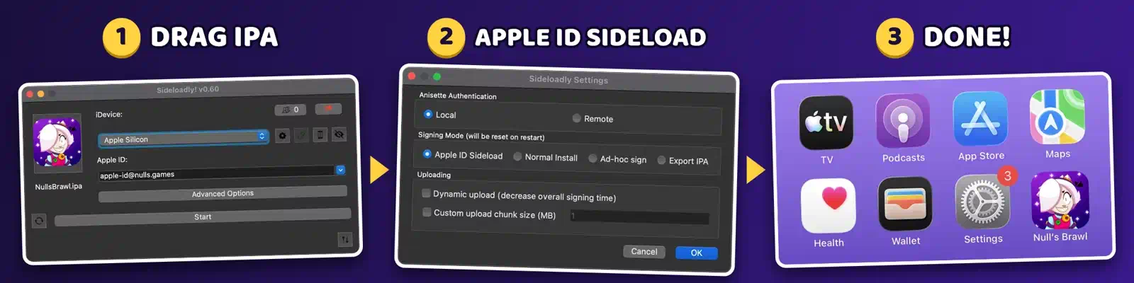 Instalacja Nulls Brawl przez Sideloadly: plik IPA w oknie programu, tryb podpisu Apple ID Sideload i ikona gry na ekranie iPhone’a