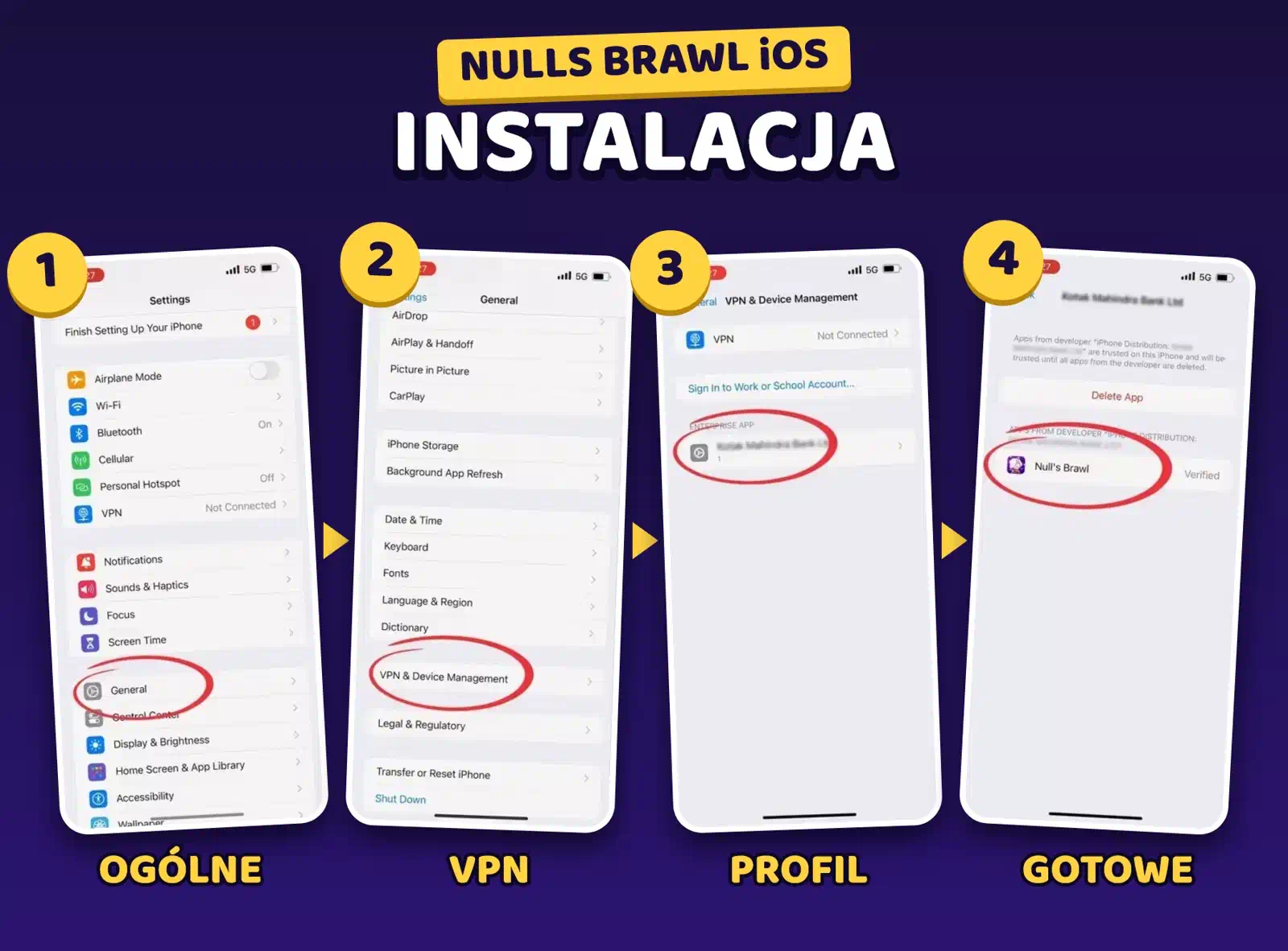 Zaufanie profilowi Nulls Brawl na iPhonie: Ustawienia, Ogólne, VPN i zarządzanie urządzeniem, profil w sekcji Aplikacja firmowa